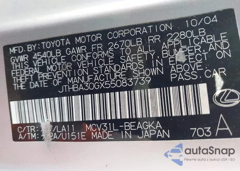 2005 Lexus Es 330 z USA, uszkodzony, nr VIN JTHBA30GX55083739